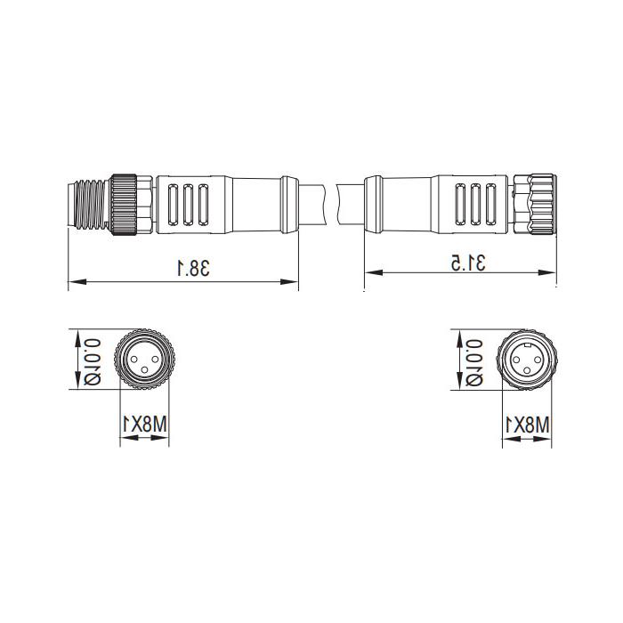 M8 3Pin, female straight turn male straight, double end precast PVC non-flexible cable, gray sheathing, 63D003-XXX