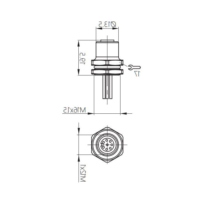 M12 8Pin、公头直型、Flange socket、板前安装、Suitable for on-site welding installation、64SB21H