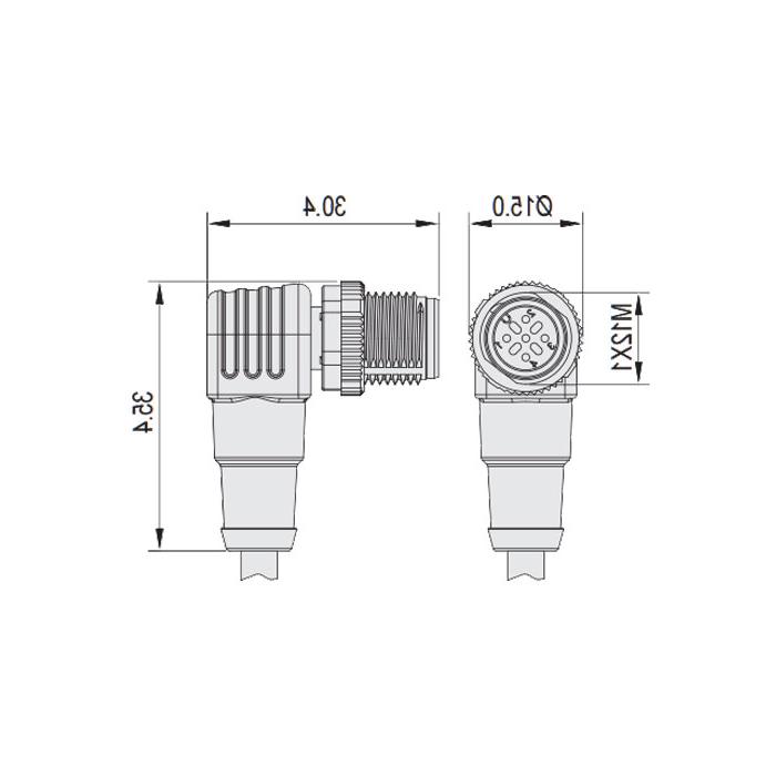 M12 5Pin, male head 90°, pin 5 gray, single-end precast PVC non-flexible cable, shielded, gray sheathed, 64S5677-XXX