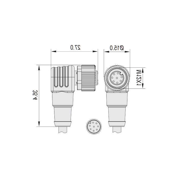 M12 8Pin, female 90°, single-end precast PVC non-flexible cable, gray sheathed, 64S345-XXX