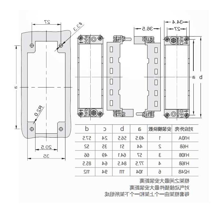 HM模块框架(公)、可安装4个准模块、ADAPTS to the H16B shell、H16B-T4-M、09140160303