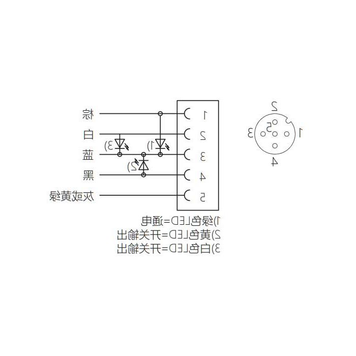 M12 5Pin, pin 5 gray, female 90°, LED light, single end pre-cast PVC non-flexible cable, gray sheathing, 64S303-XXX